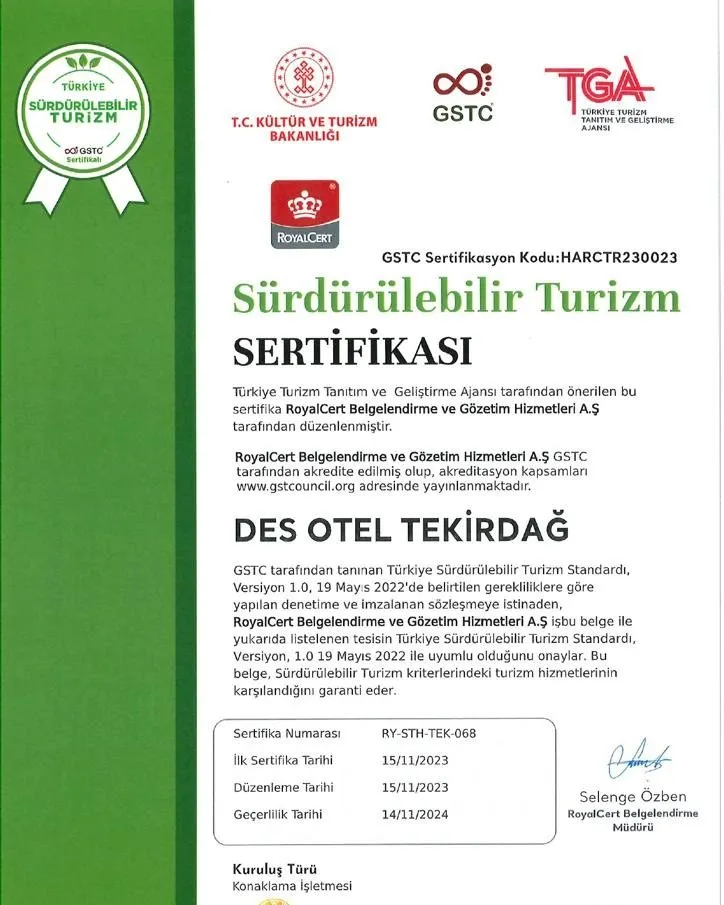 Des  Hotel  En Üst Düzeyde Sürdürülebilir Turizm Sertifikasını Aldı