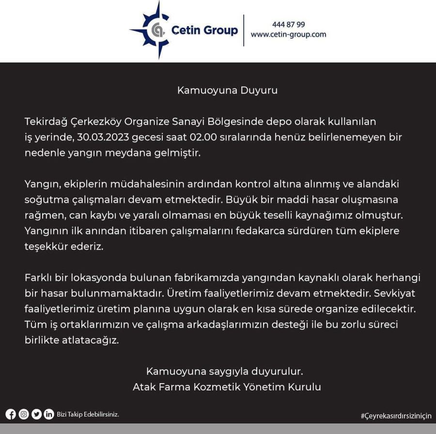 ÇETİN GROUP BÜNYESİNDEKİ FABRİKADA YANGIN ÇIKTI